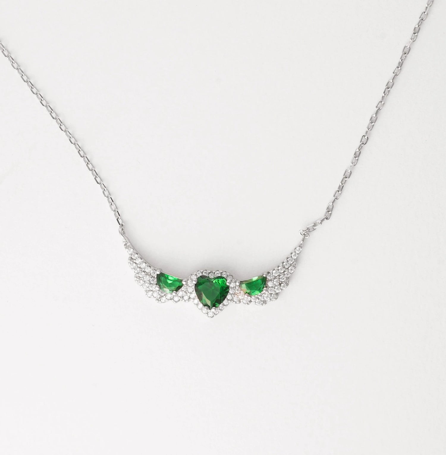 Triple Green Heart Wing Silver Necklace