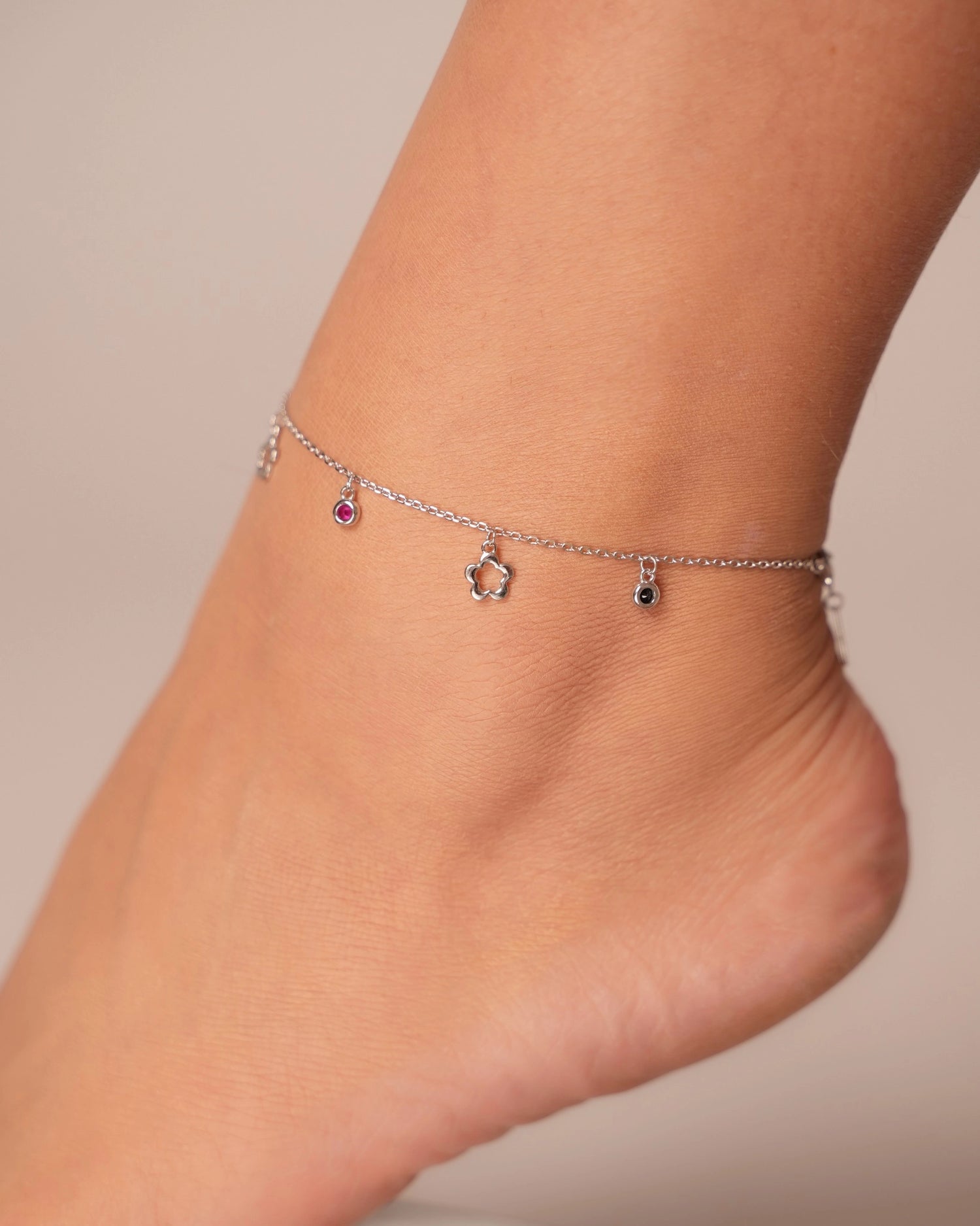 Flower Gem Silver Anklet