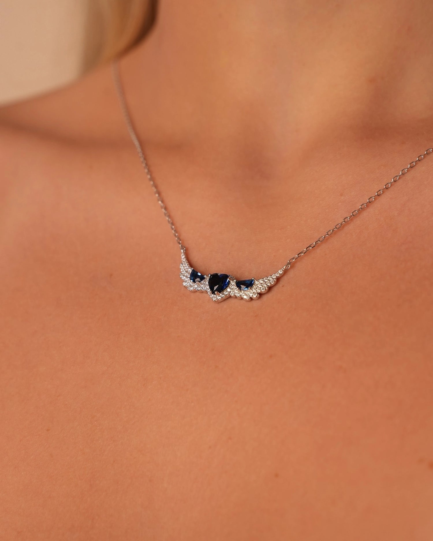 Sapphire Heart Trio Wing Silver Necklace