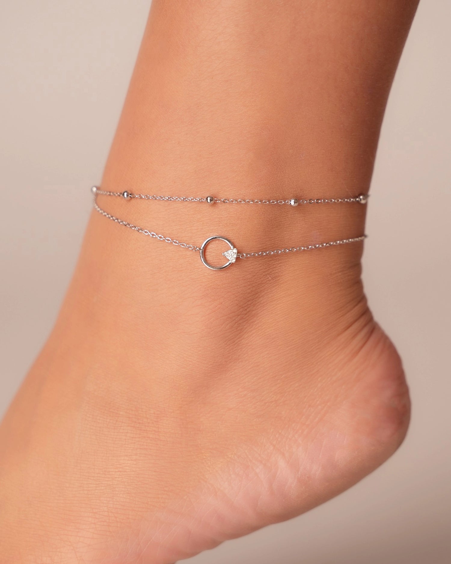 Double Chain Circle Silver Anklet
