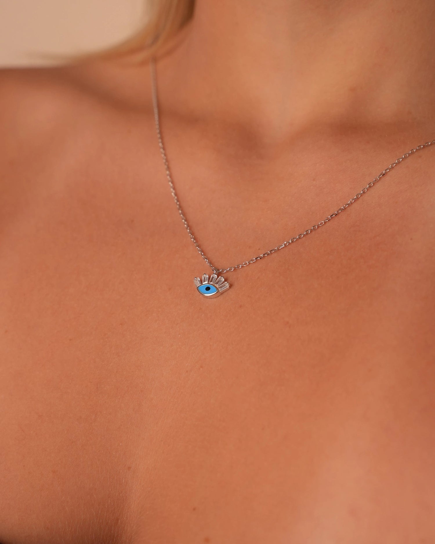 Blue Eye with Lashes Silver Necklace