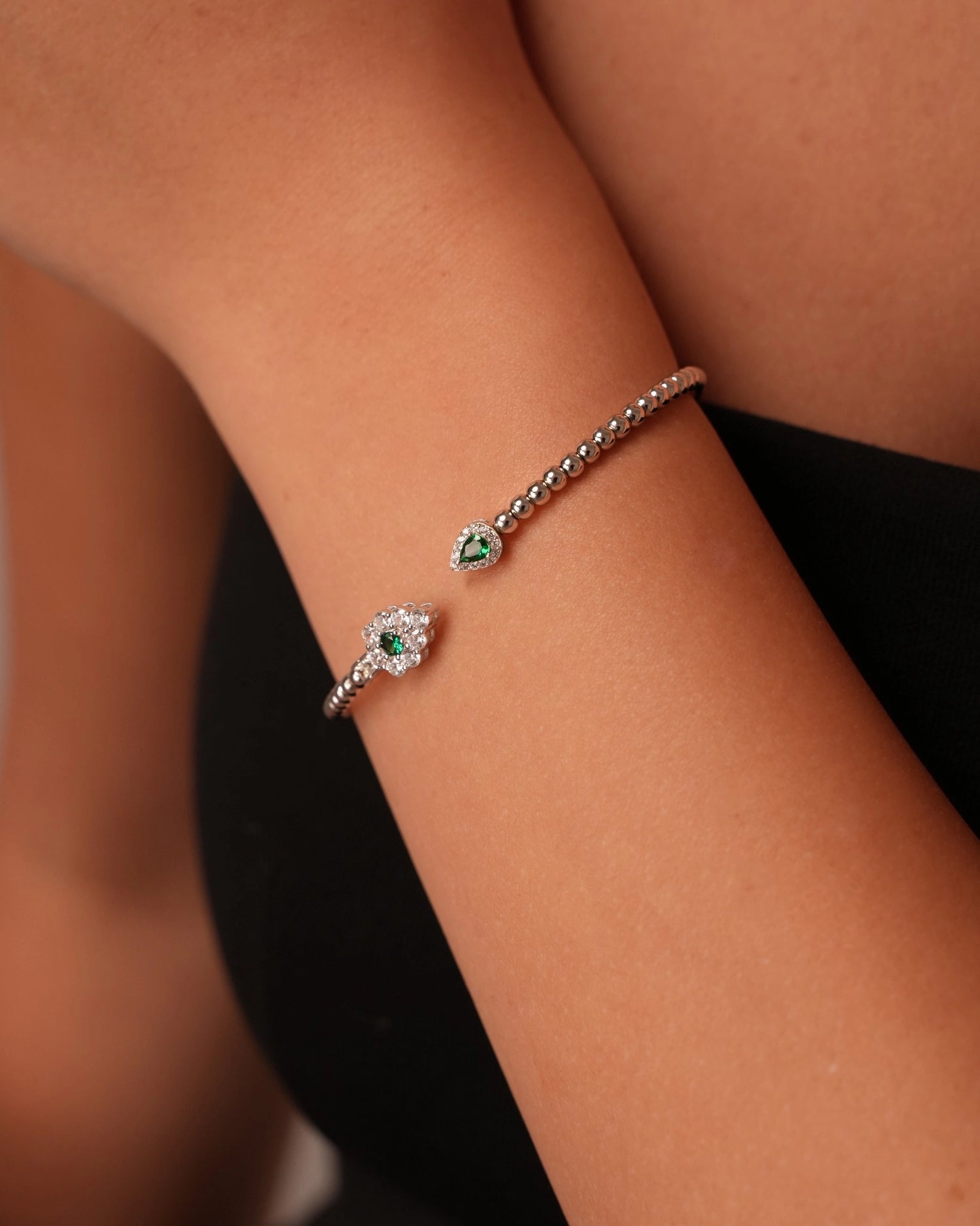 Twin Leaf Emerald Silver Bangle