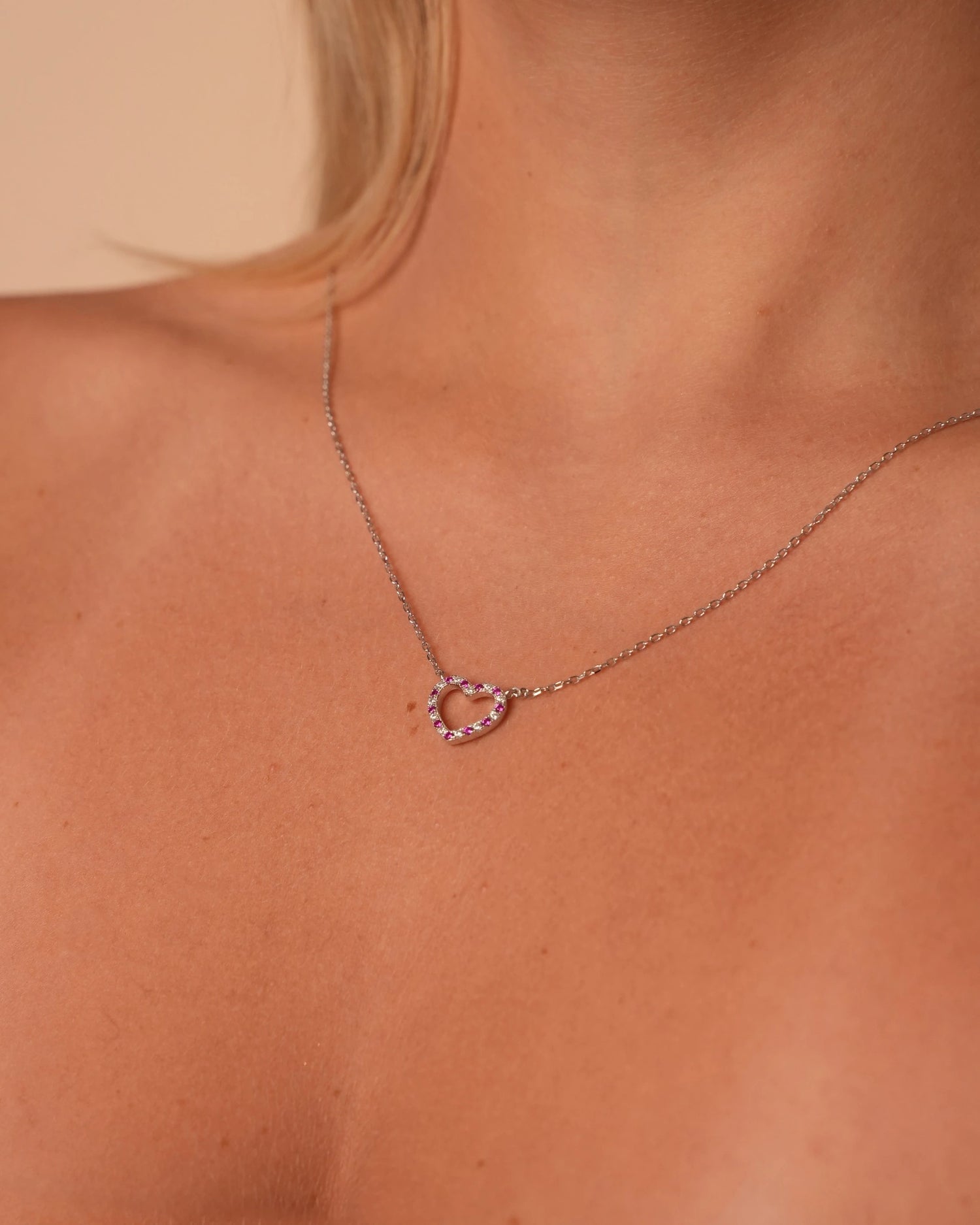 Pink Heart Outline Silver Necklace