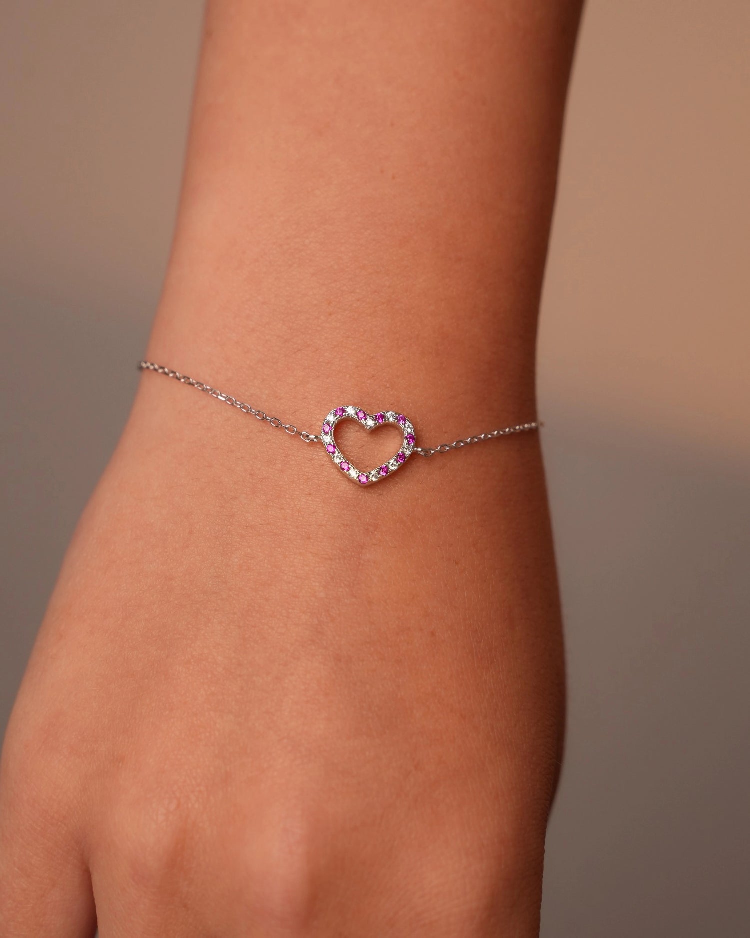 Pink Gem Heart Silver Bracelet
