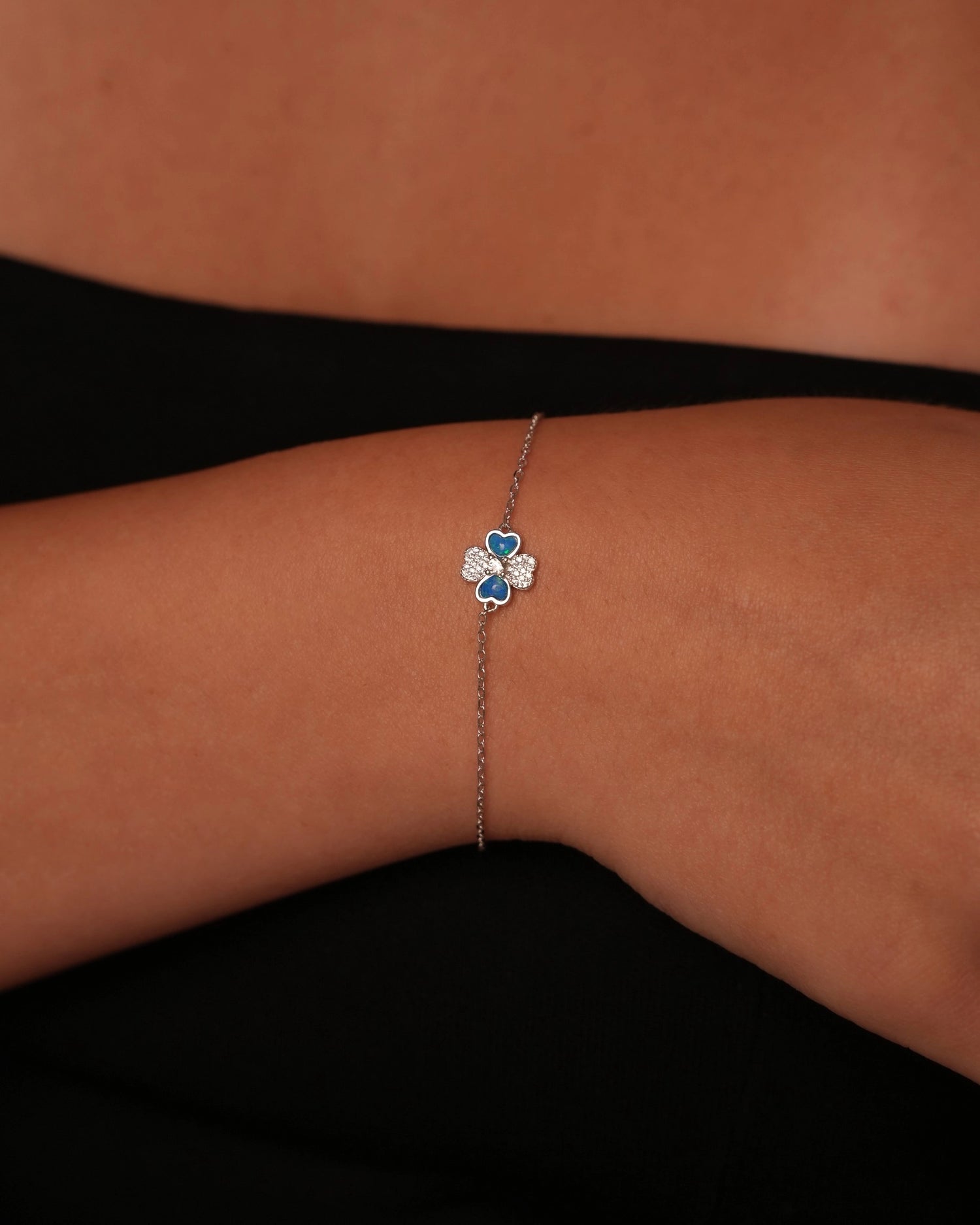 Blue Heart Clover Silver Bracelet
