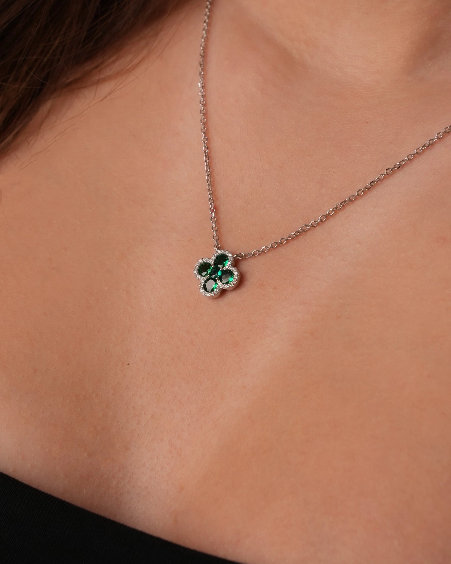 Green Clover Silver Necklace