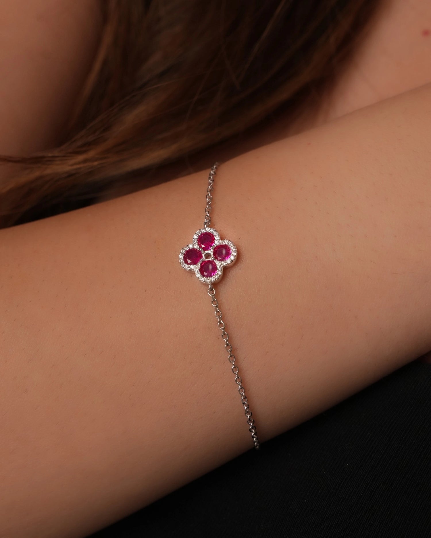 Rose Red Clover Silver Bracelet