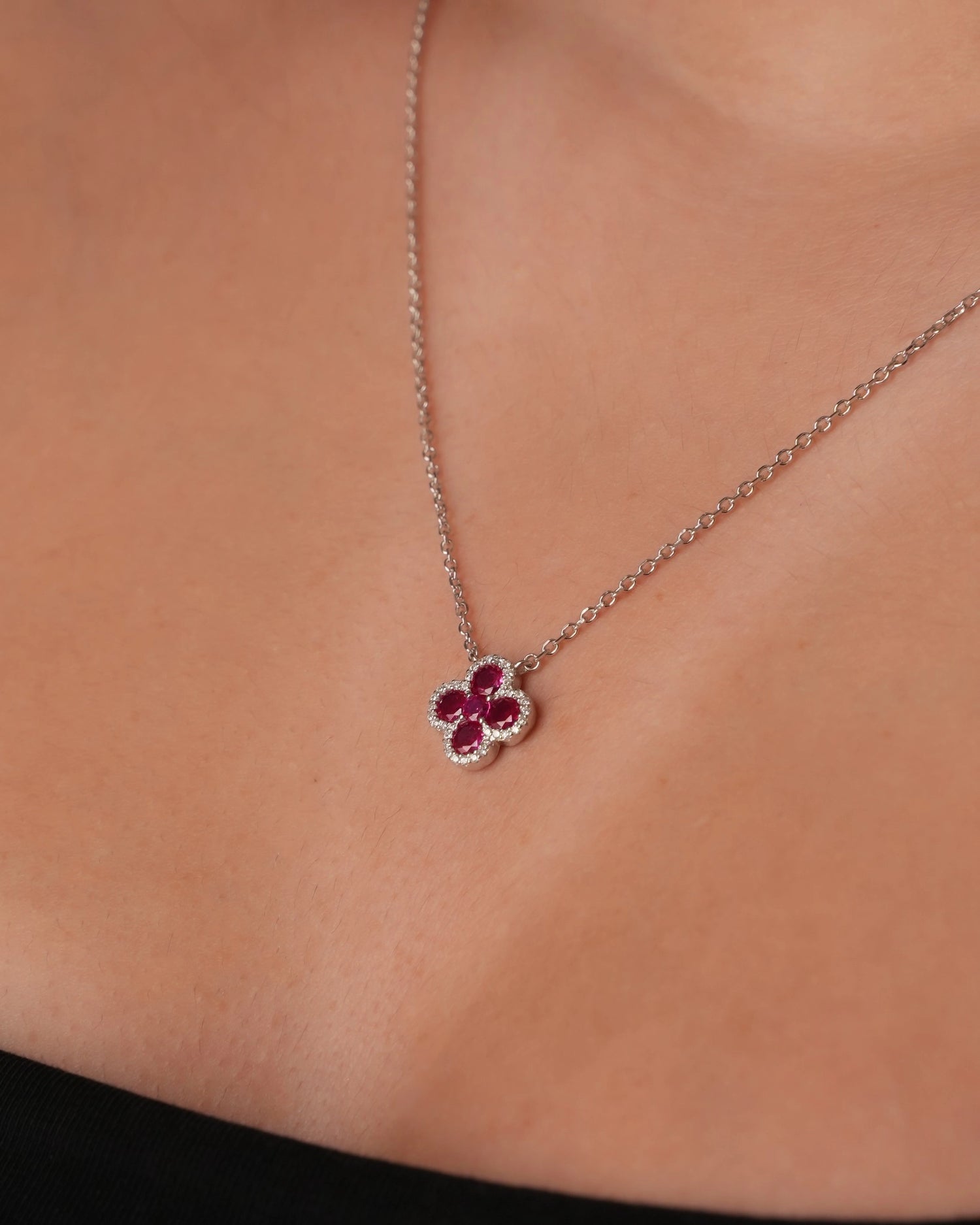 Rose Red Clover Silver Necklace