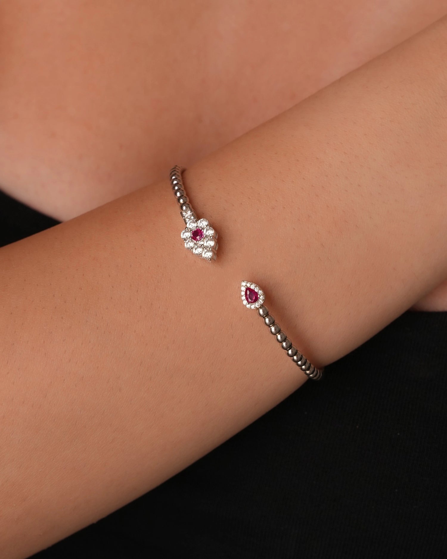 Twin Red Teardrop Silver Bangle