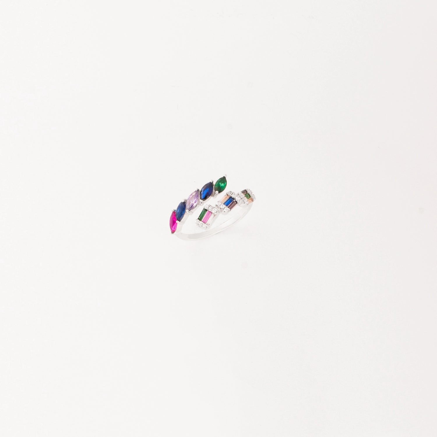Crafted from premium silver, it features vibrant, multicolored stones arranged in a playful, open design