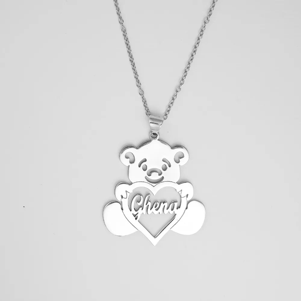 Personalized Name Silver Teddy Bear Necklace