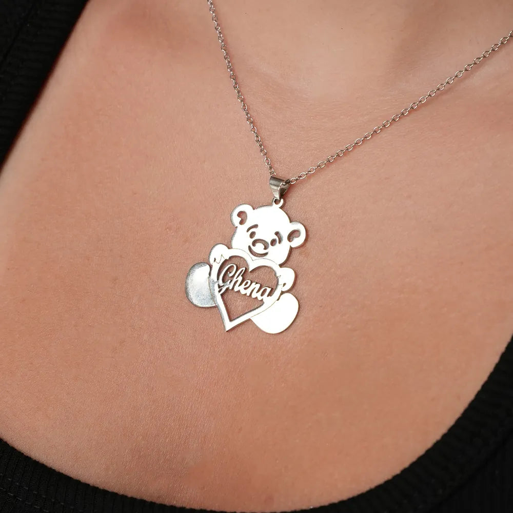 Personalized Name Silver Teddy Bear Necklace