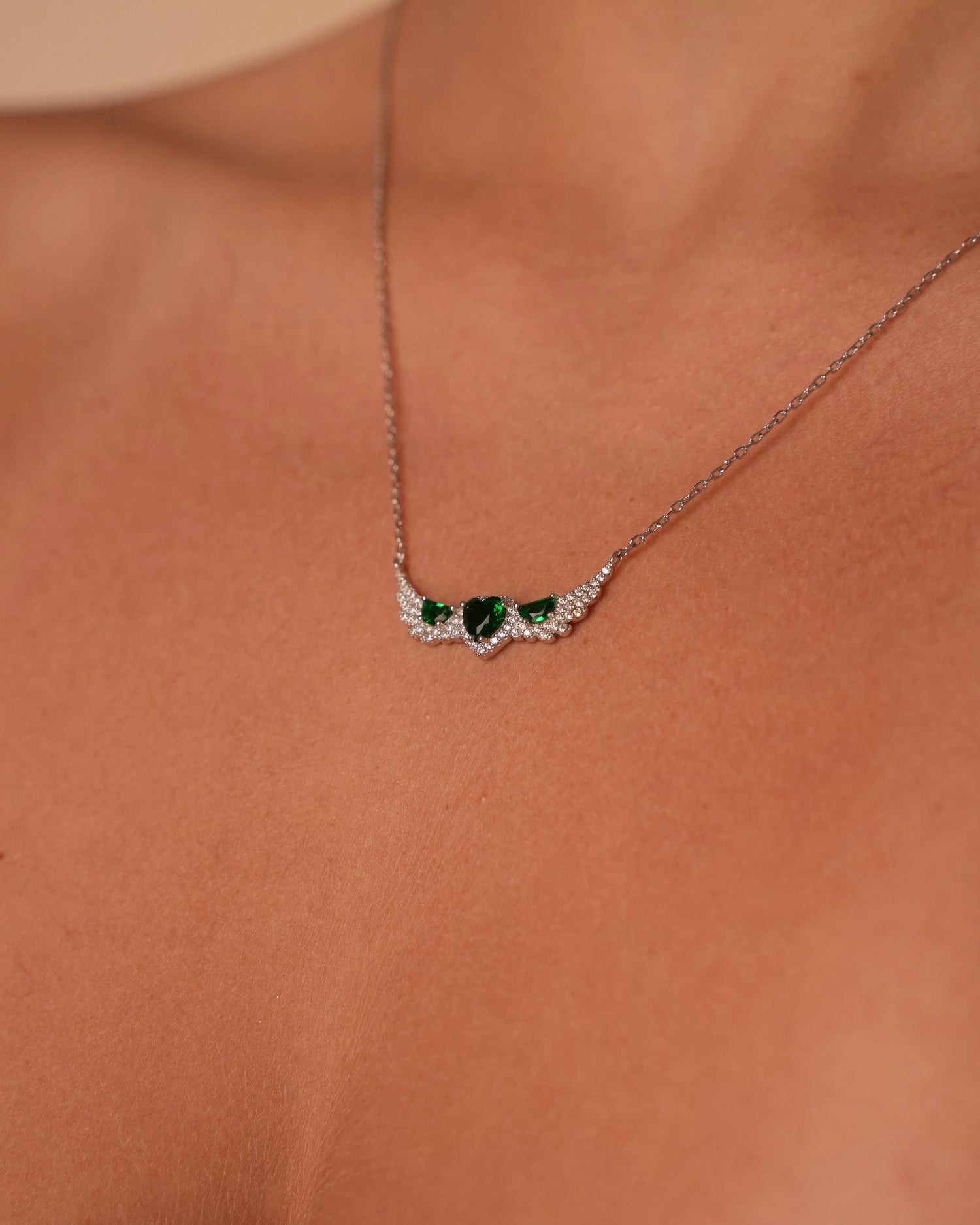 Triple Green Heart Wing Silver Necklace