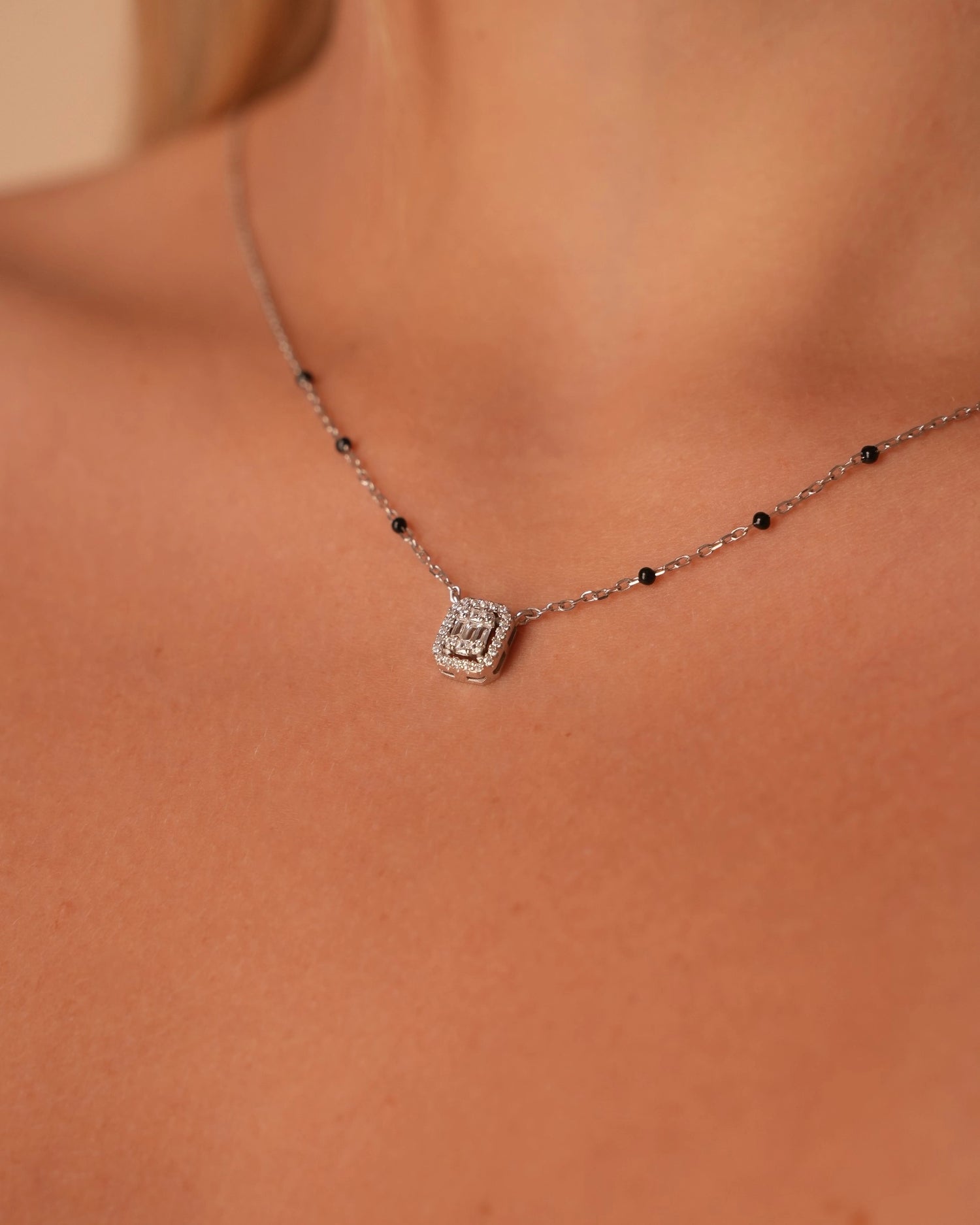 Black Bead Halo Silver Necklace